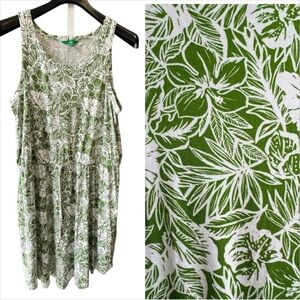 Figure Flattering Drawstring Dress, Floral Detail, Unique Green, Round Hem 1X